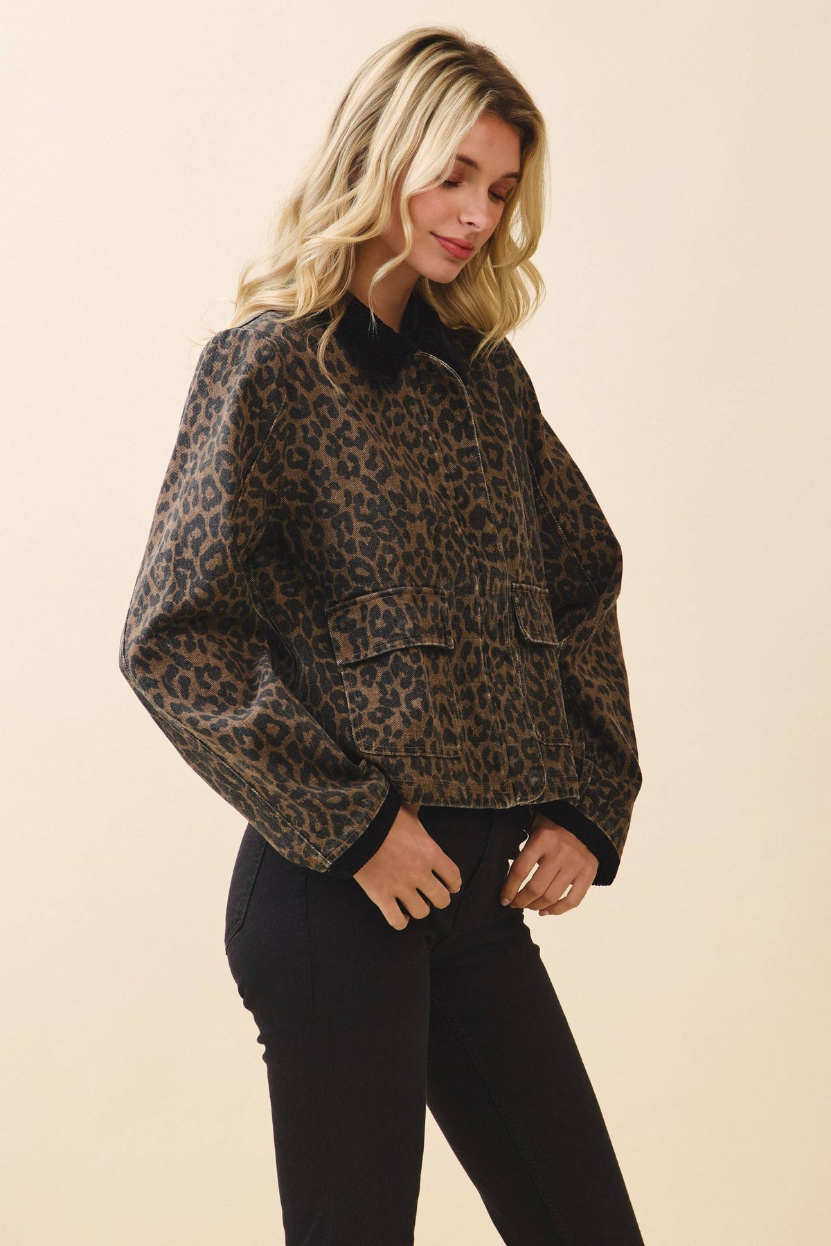 Leopard Print Contrast Corduroy Detail Jacket