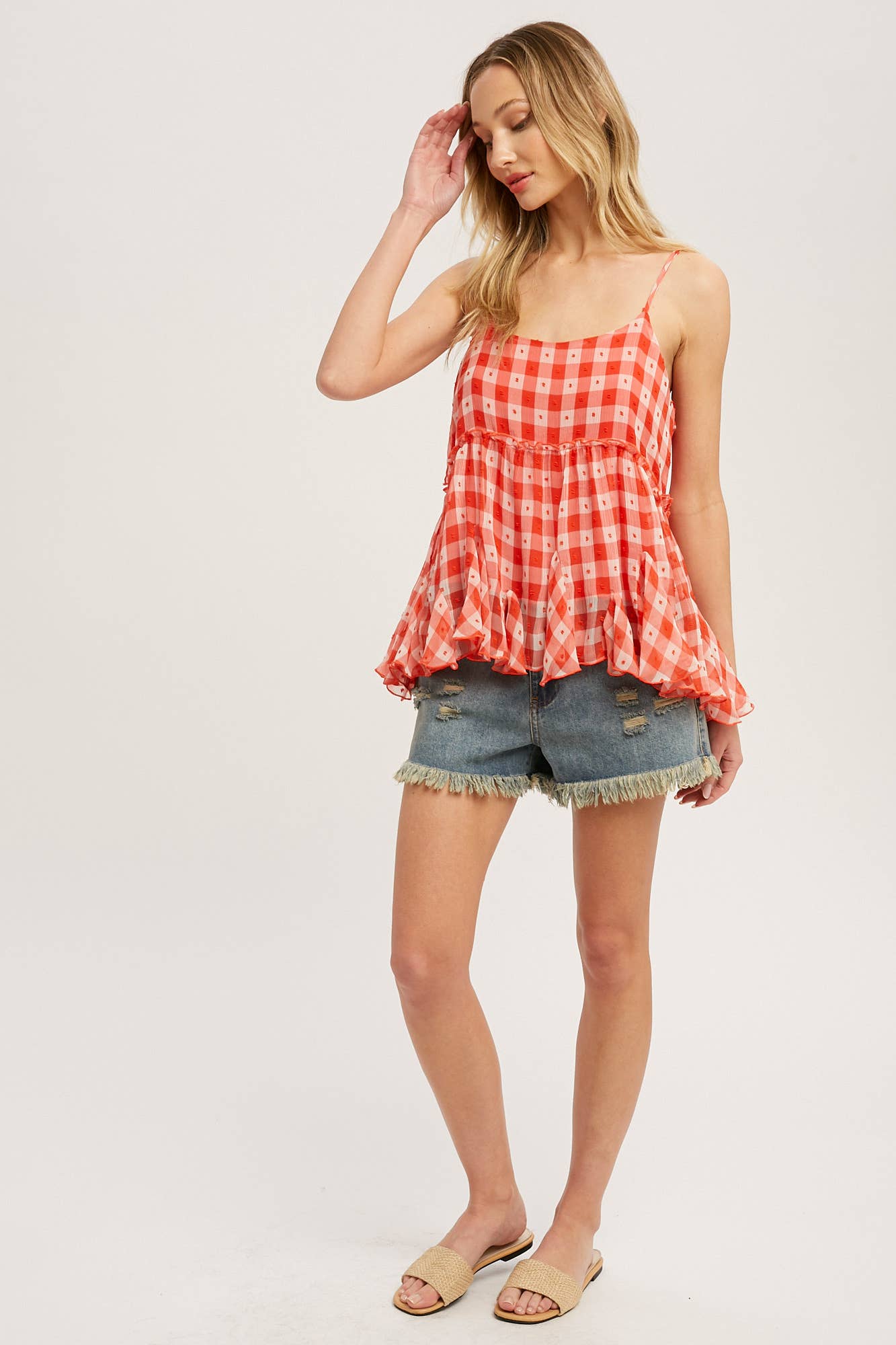 CHECKERED CHIFFON RUFFLE HEM CAMI