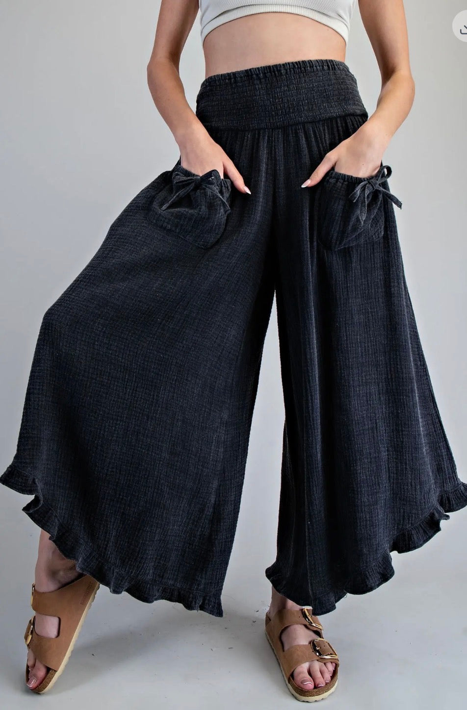 Bow Washed Wide Leg Linen Pants