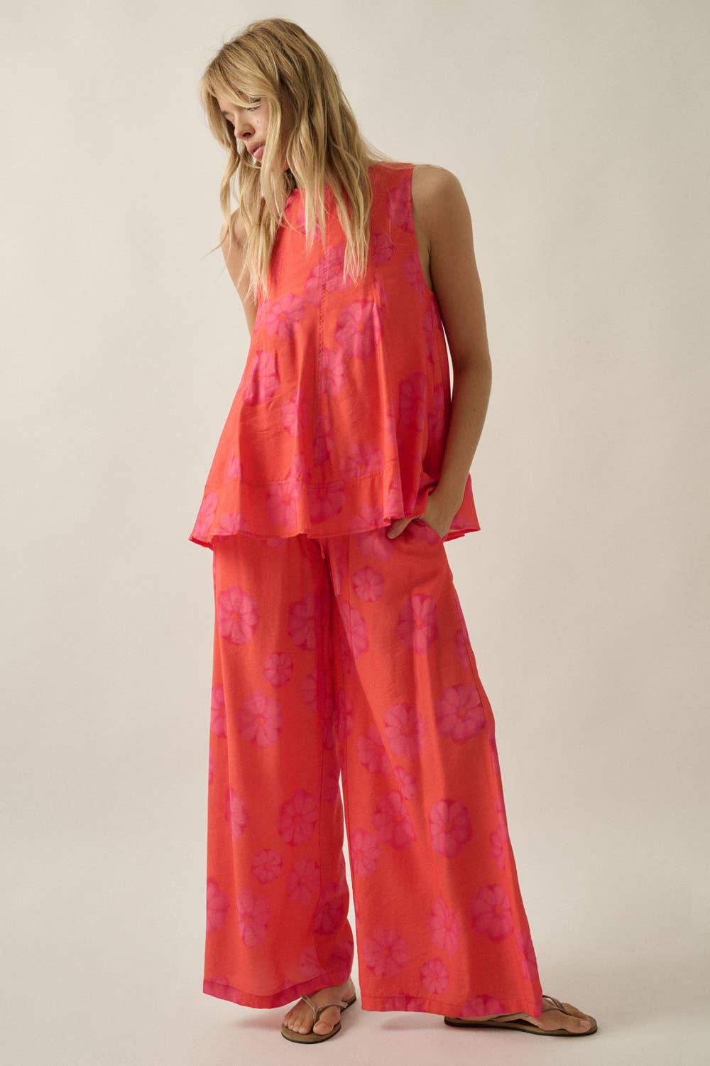 Floral-Print Wide-Leg Drawstring Pocket Pants