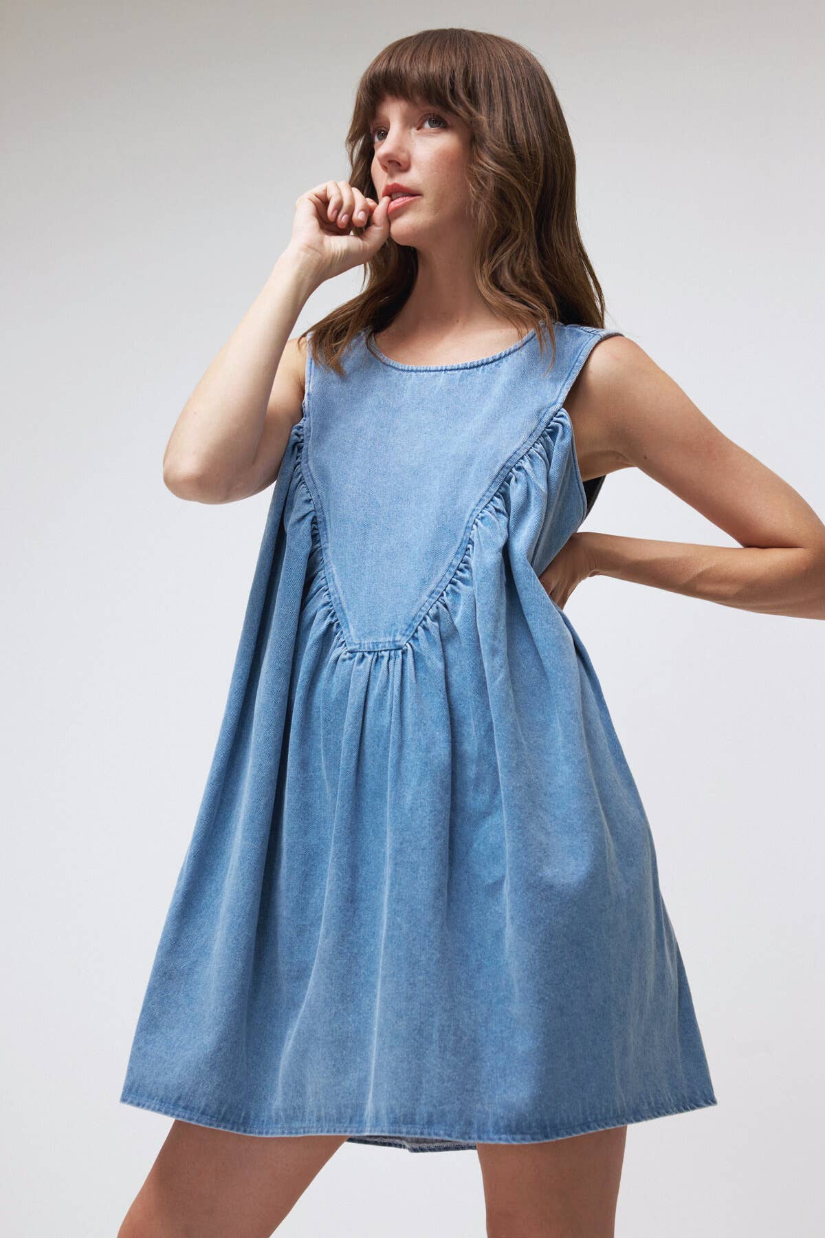 Sleeveless Shirring Denim Mini Tunic Dress