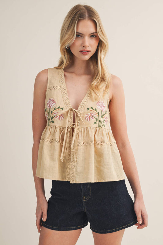 Embroidered Floral Tie-Front Peplum Vest