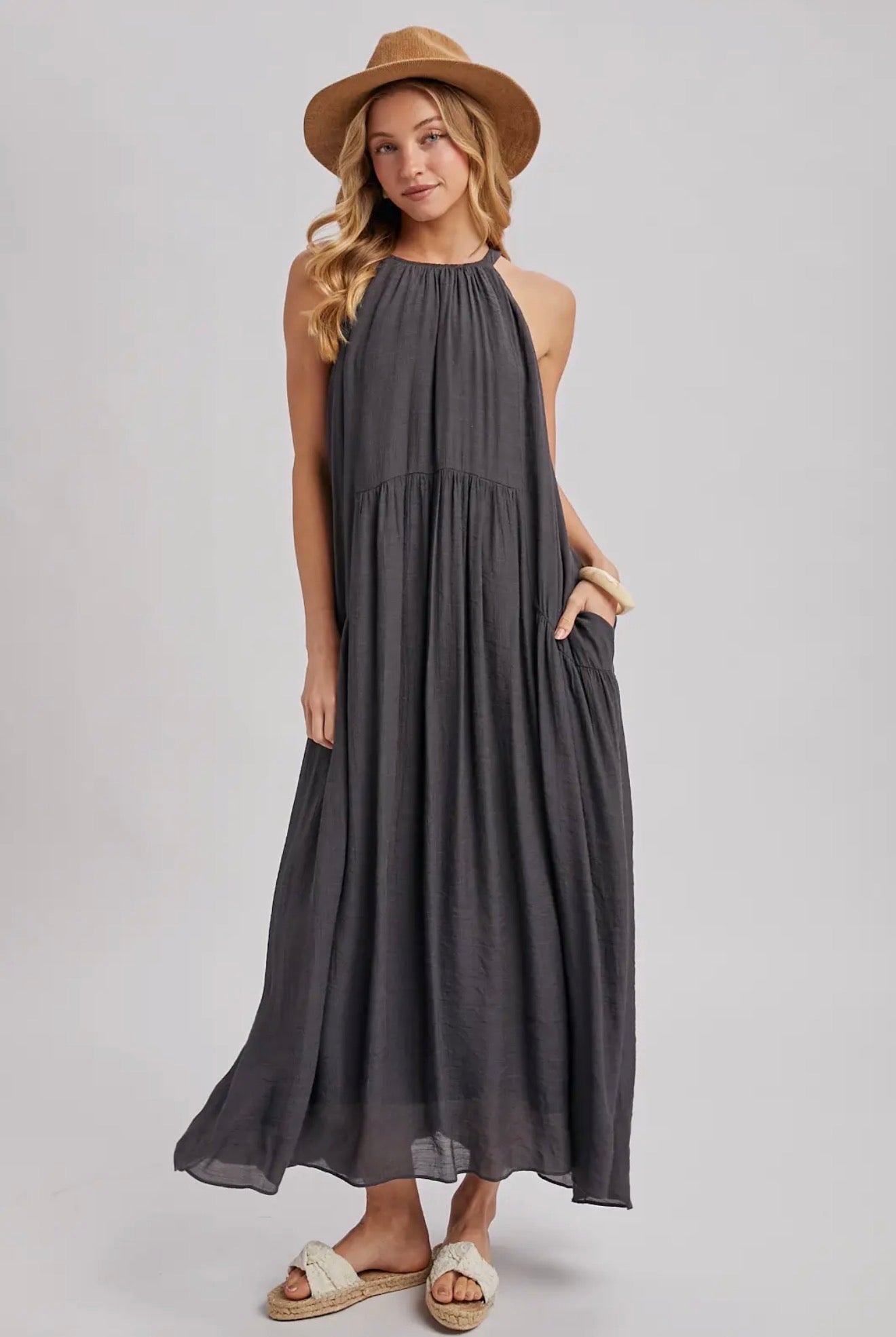 Gathered Halter Charcoal Maxi Dress