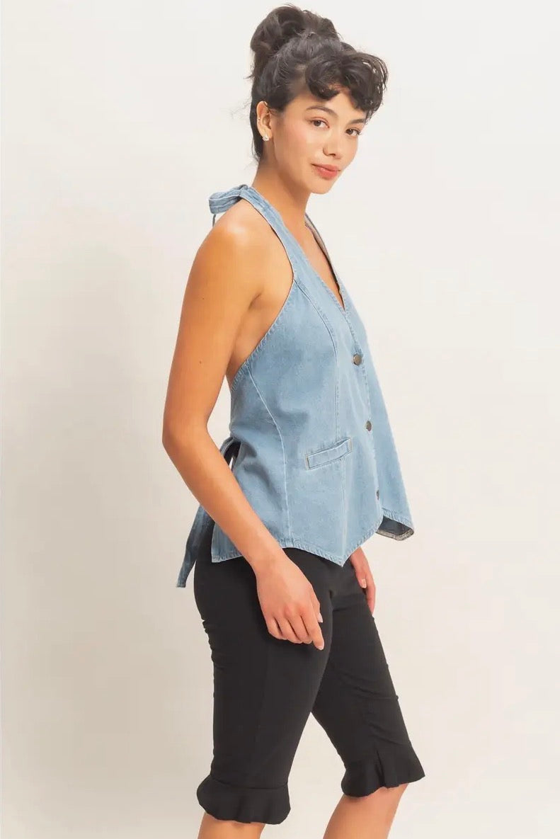 Denim Back Tie Halter Vest