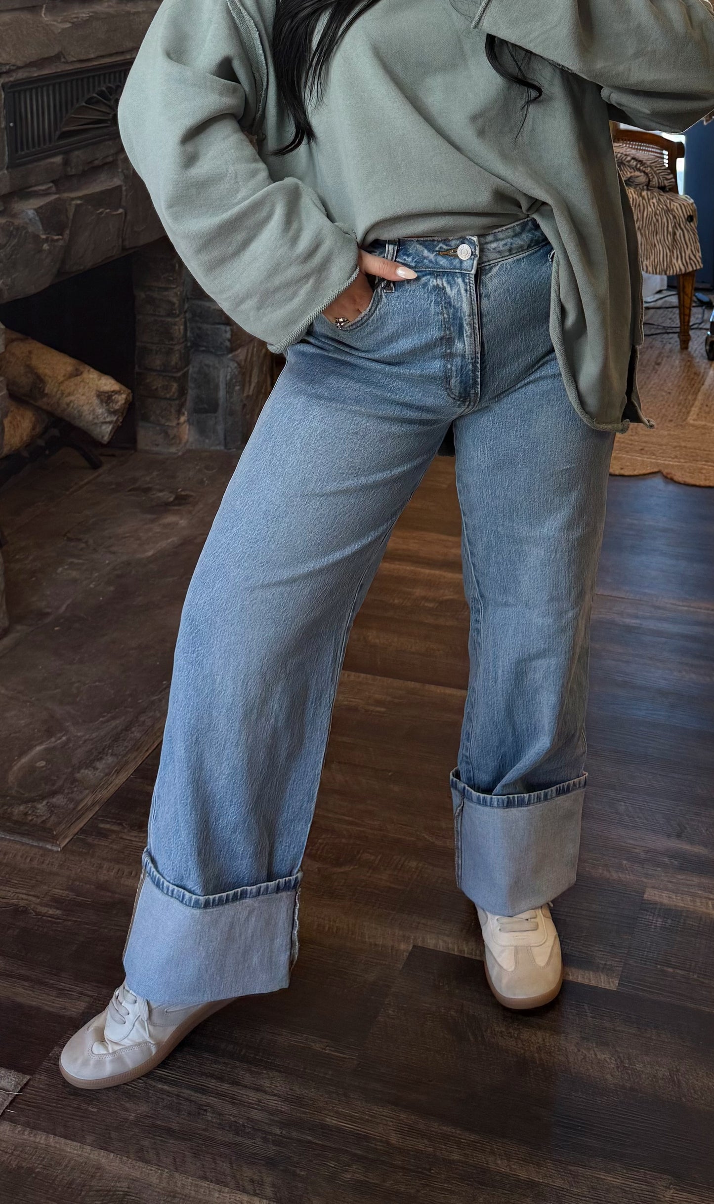 Cuffed High Rise Wide Leg Denim