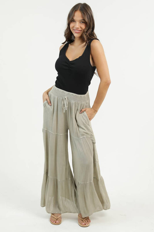 WIDE LEG PANTS WITH SMOCKED WAISTBAND AND CARGO