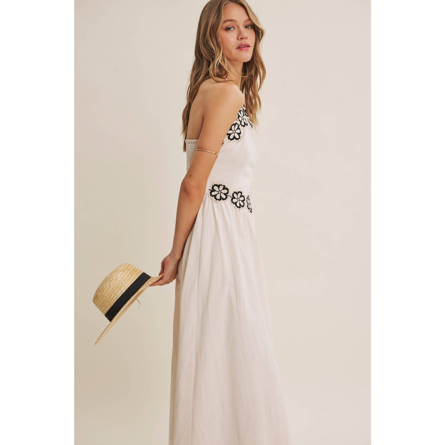 SUNSET TERRACE CROCHET LACE HALTER NECK SMOCKED MIDI DRESS