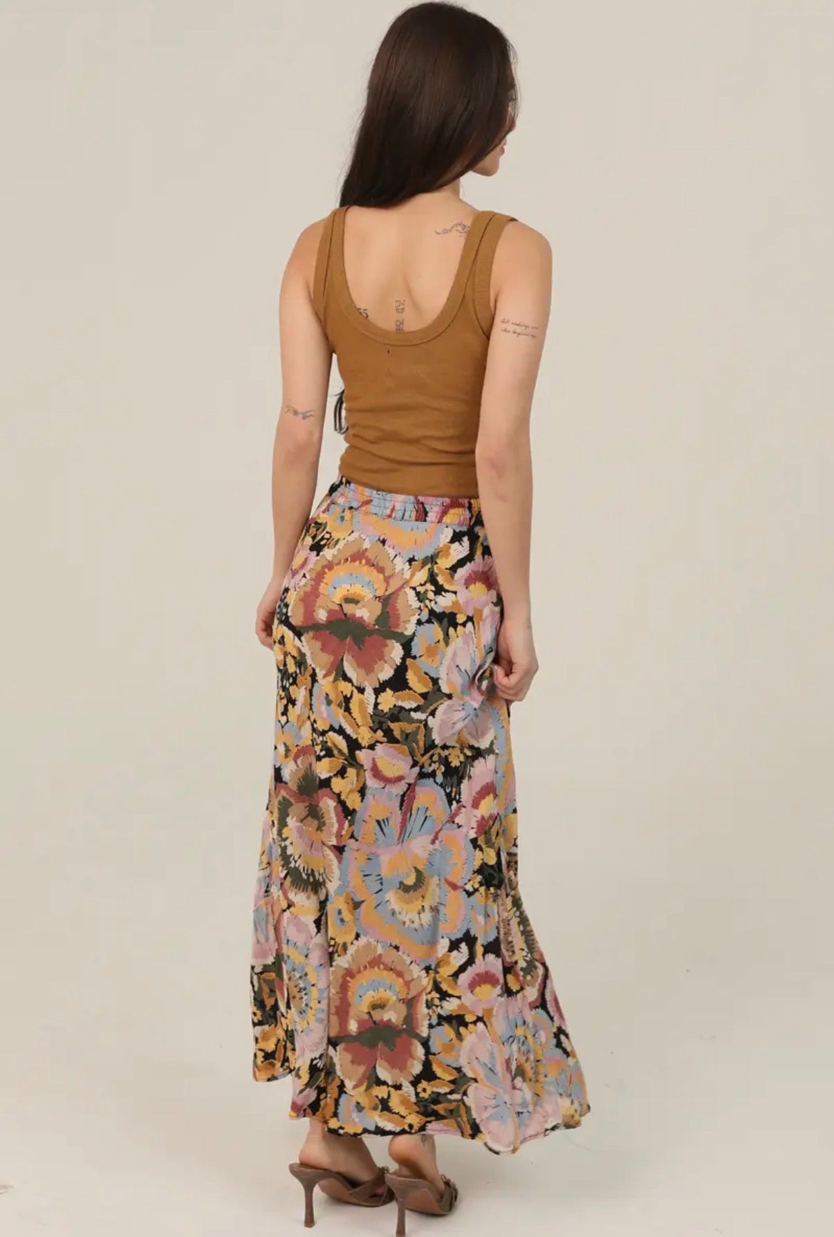 Floral Print Colored Maxi Skirt