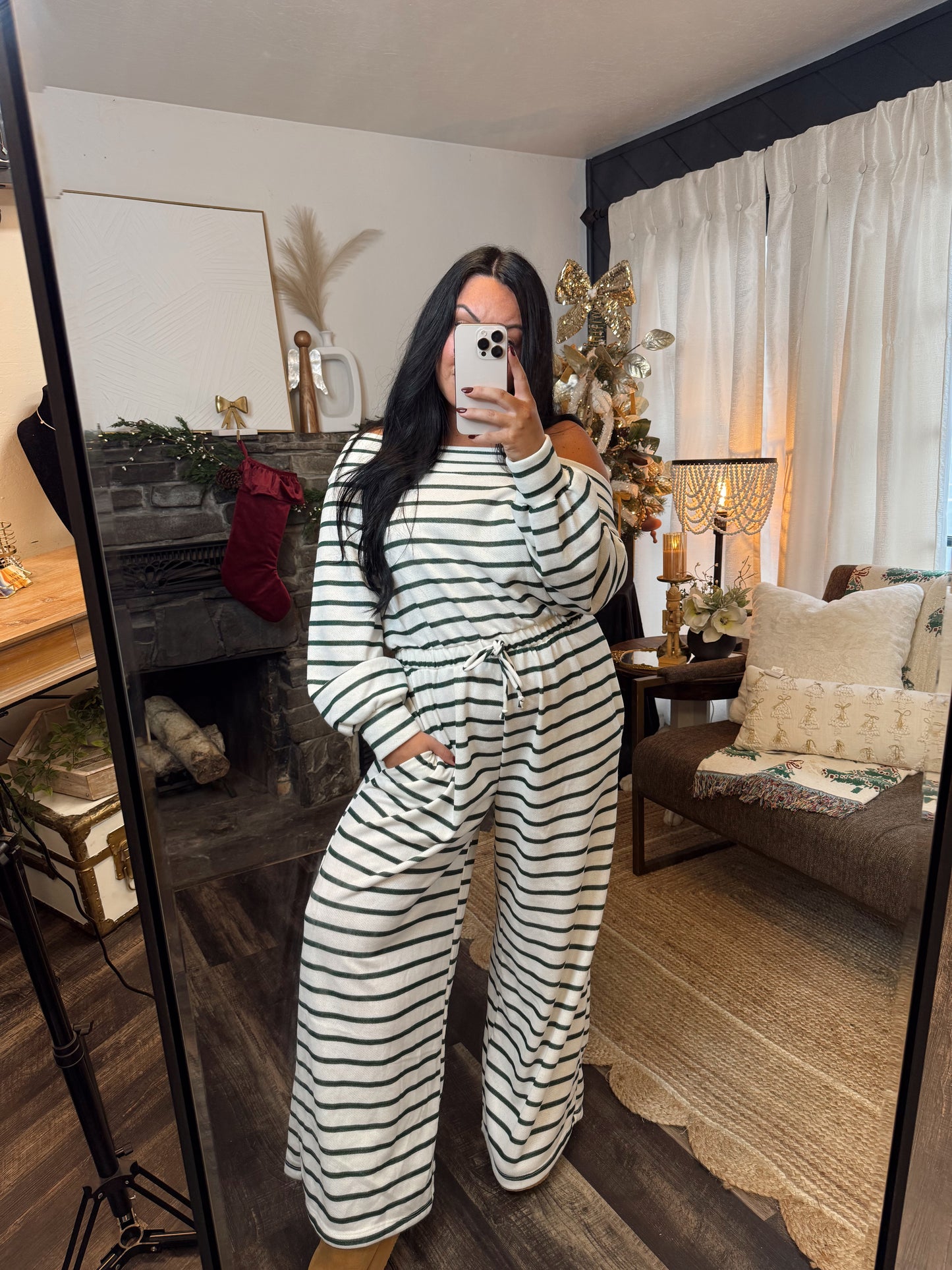 Off-Shoulder Striped Terry Jumpsuit