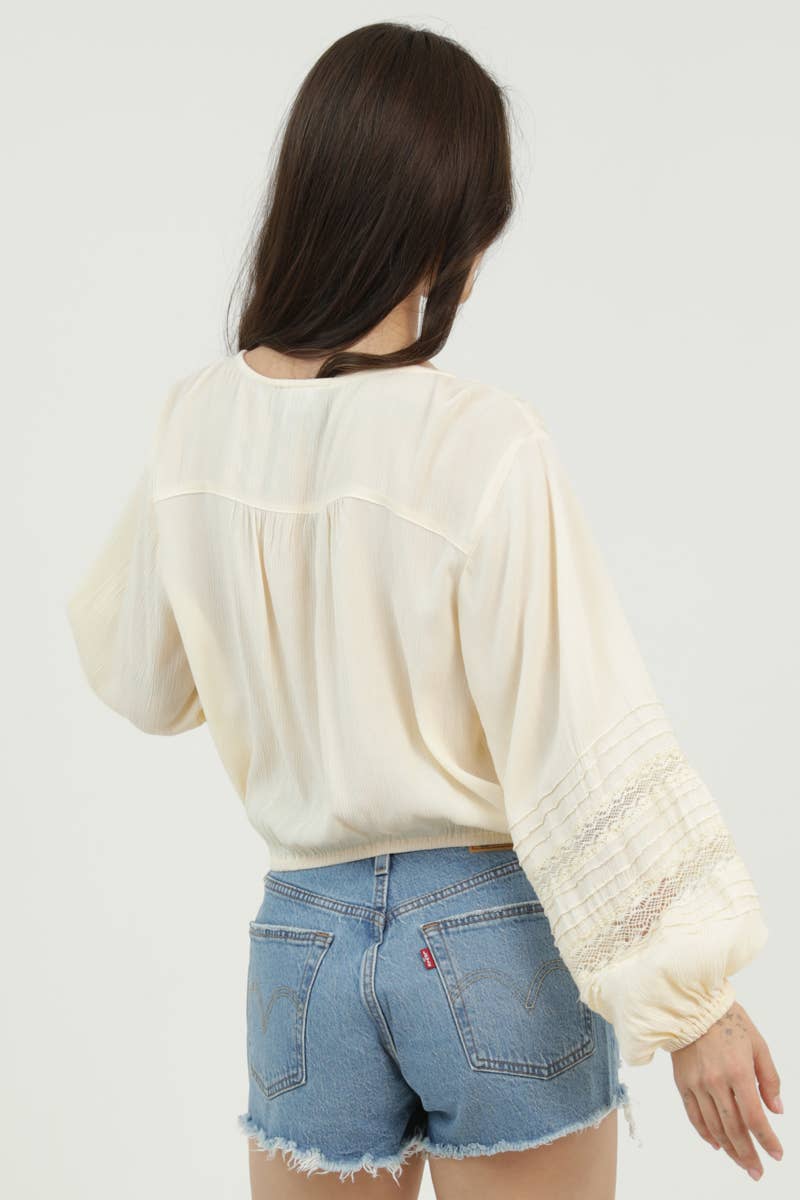 LACE TRIMS BUTTON FRONT LONG SLEEVE BLOUSE