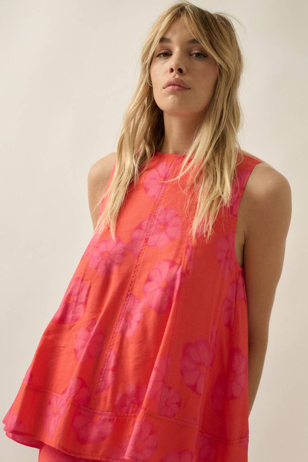 Floral-Print Sleeveless A-Line Tunic Top