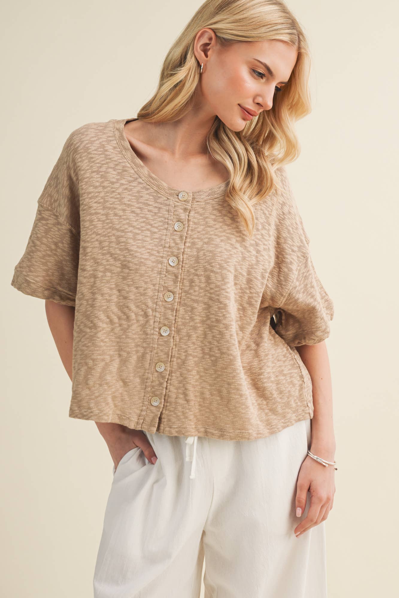 Slub Knit Boxy Button-Front Blouse