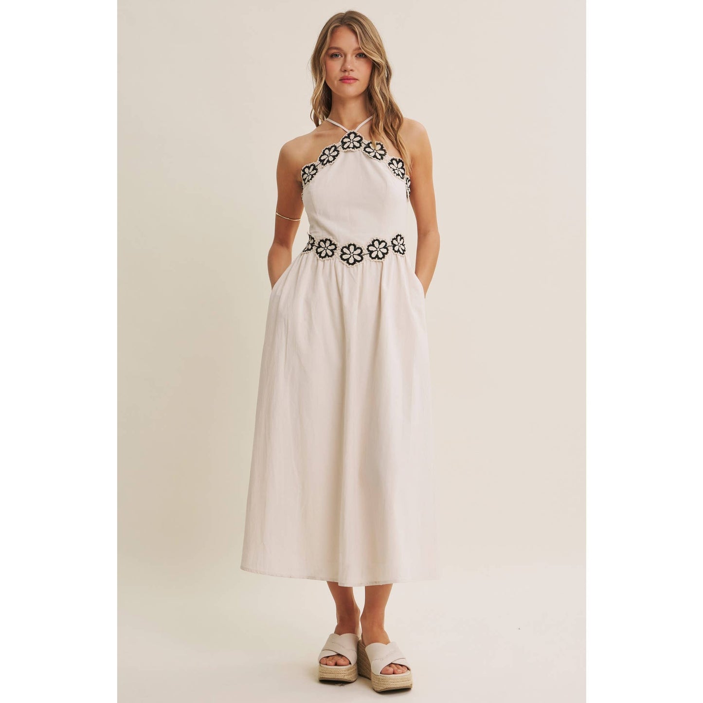 SUNSET TERRACE CROCHET LACE HALTER NECK SMOCKED MIDI DRESS