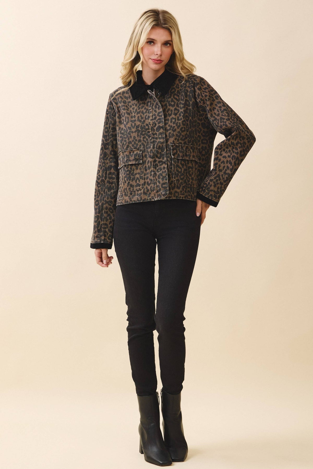 Leopard Print Contrast Corduroy Detail Jacket