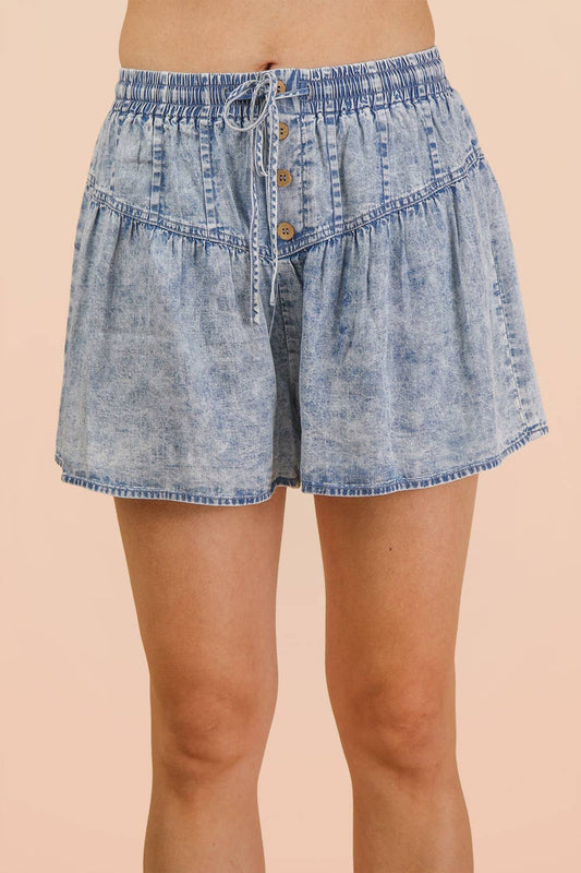 Washed Chambray Button Down Flare Shorts
