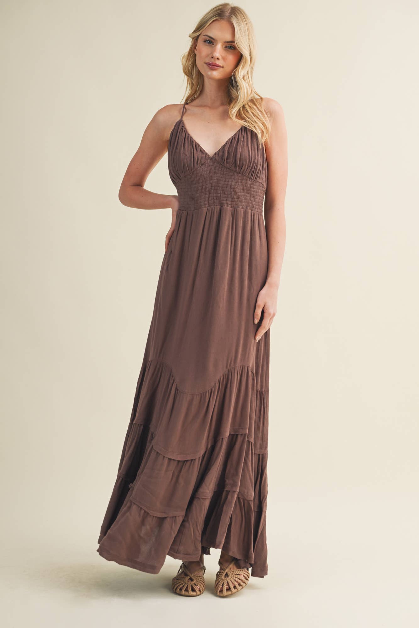 Contoured Shirring Cascading Tiered Dress