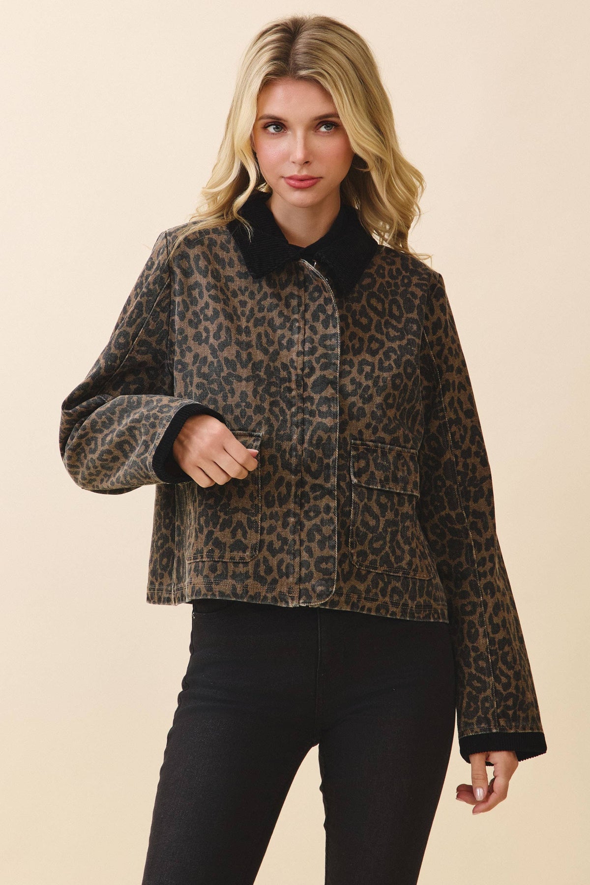 Leopard Print Contrast Corduroy Detail Jacket