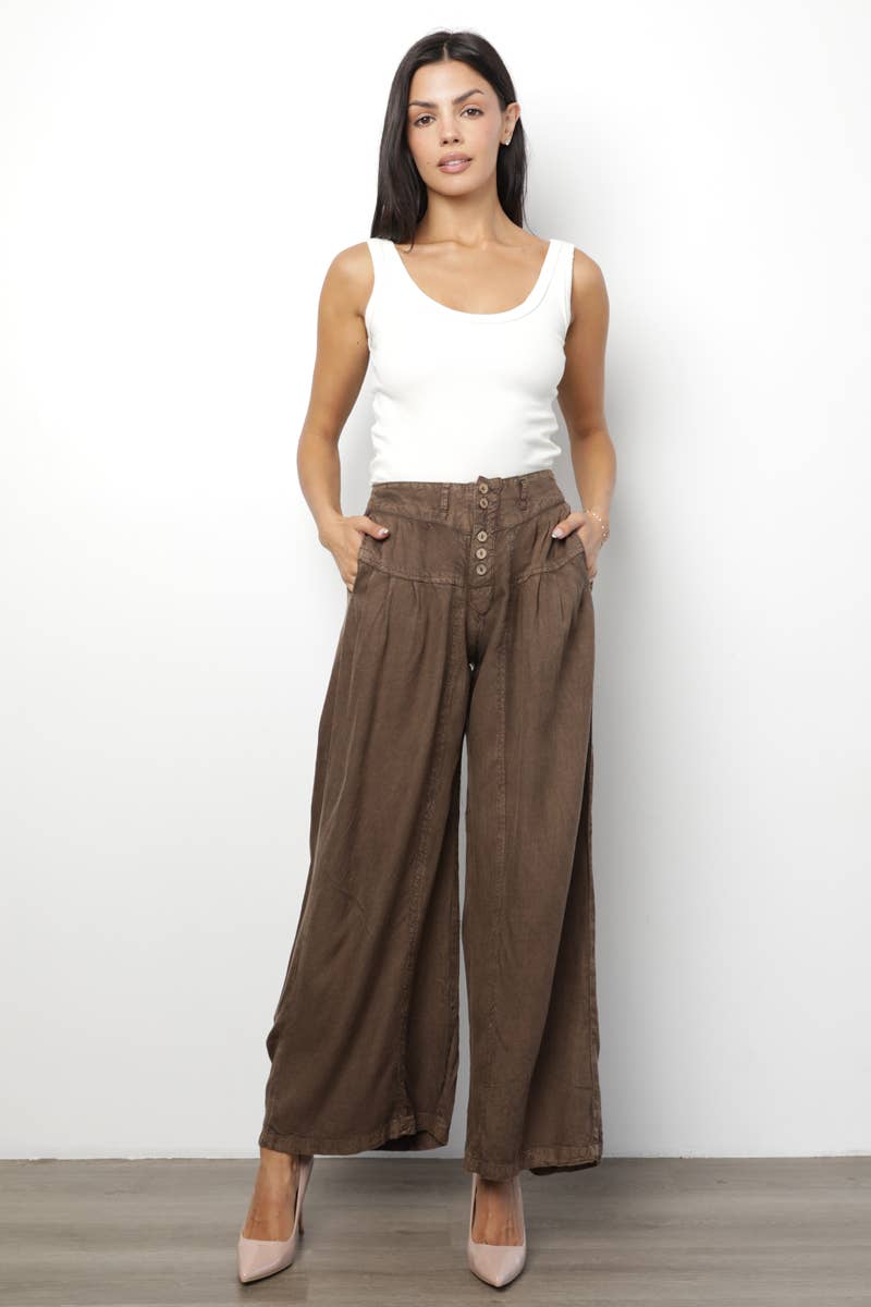 ACID WASH BUTTON FRONT WIDE LEG PANTS