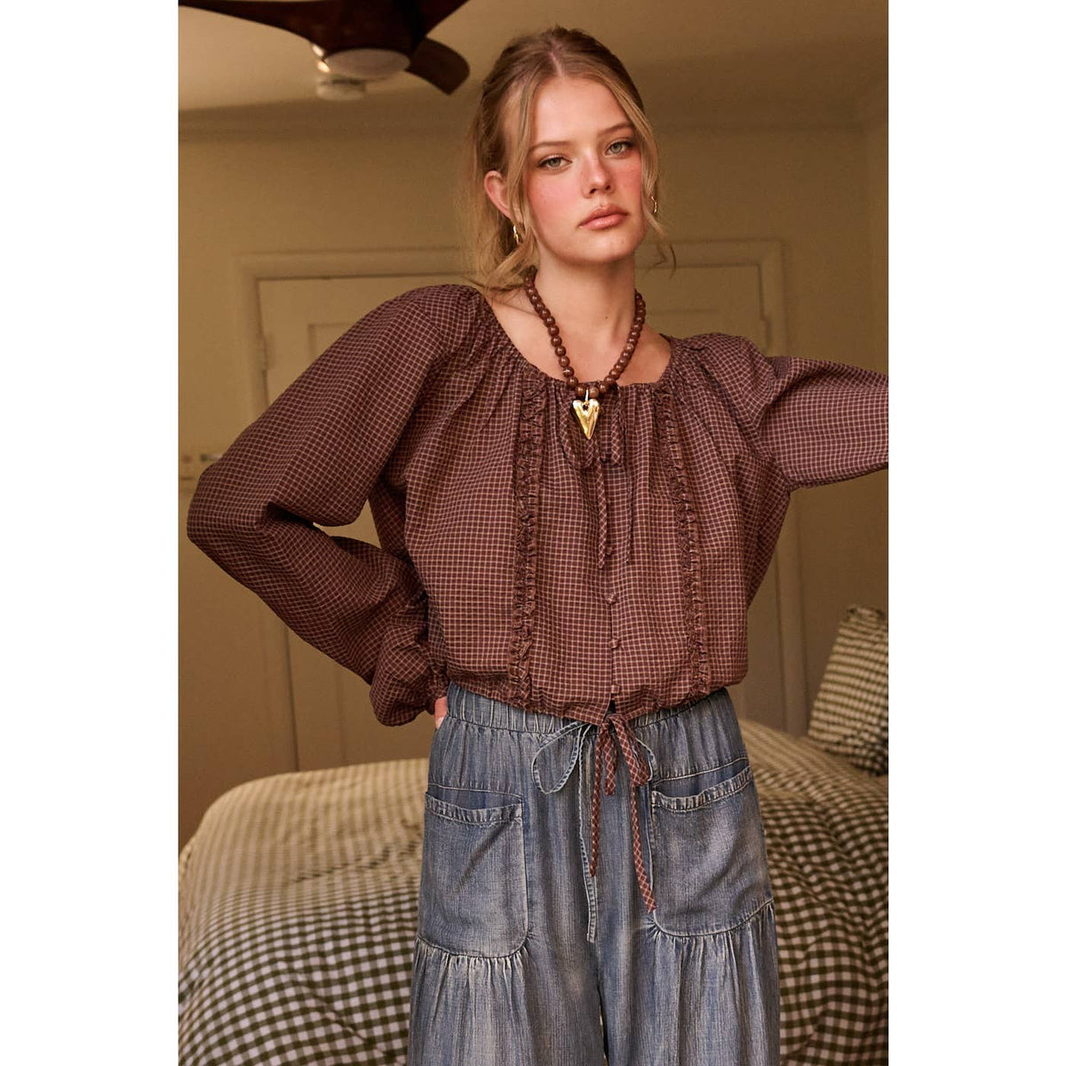 CHECKERED RUFFLE TRIM TIE FRONT TOP