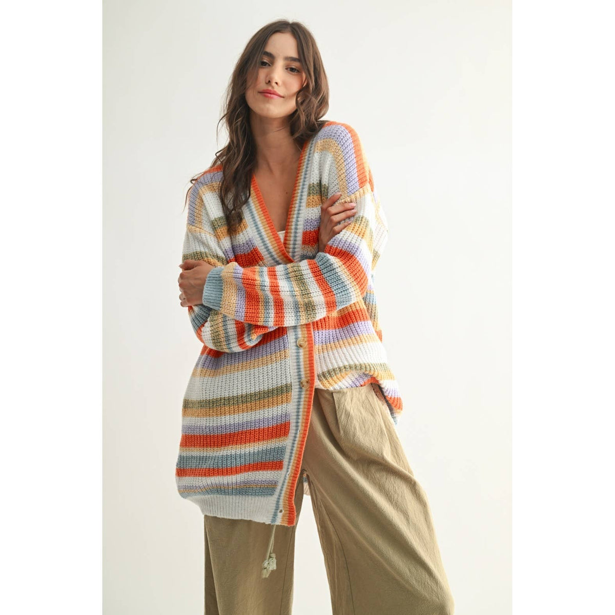 Cross the Rainbow Striped Button-Up Knit Cardigan