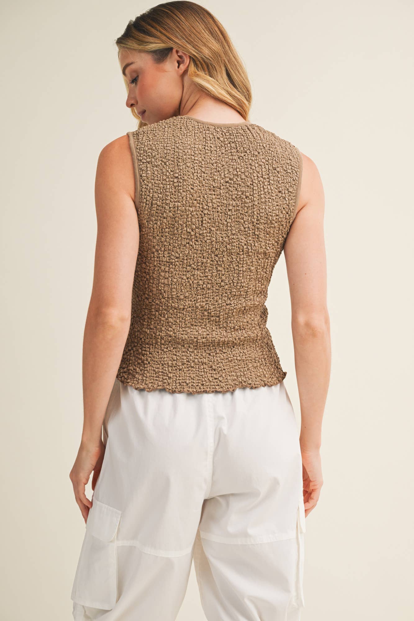 Rib-Trimmed Textured Popcorn Knit Top