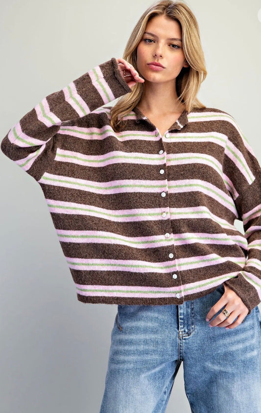 Strawberry Mocha Striped Cardigan