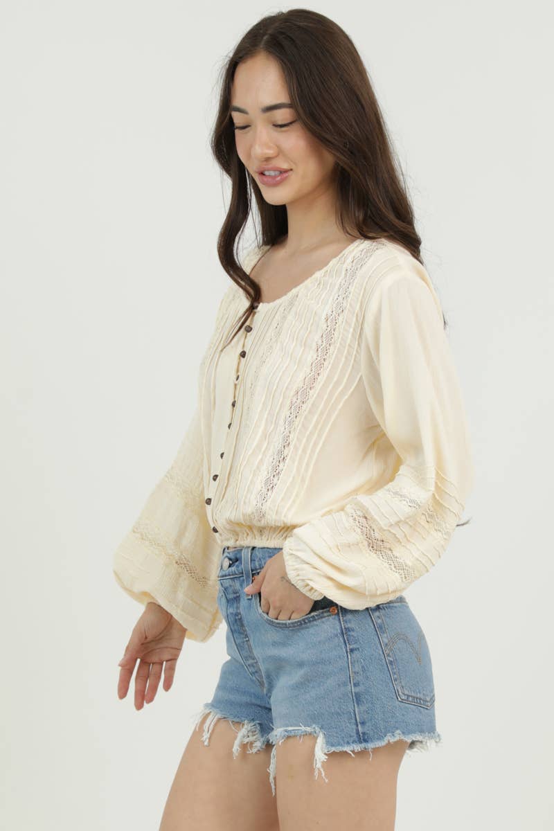 LACE TRIMS BUTTON FRONT LONG SLEEVE BLOUSE