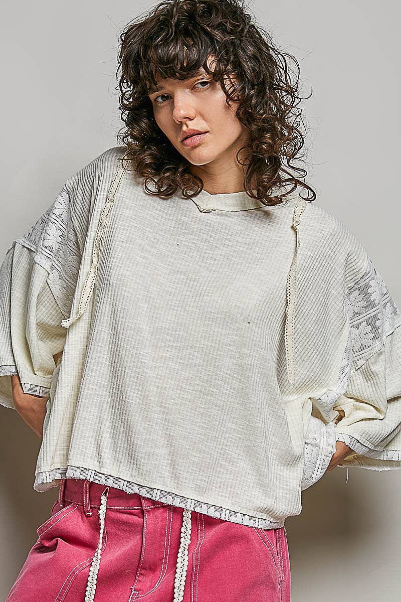Lace Patch V-Neck Relaxed Fit Basic Airy Hoodie Top