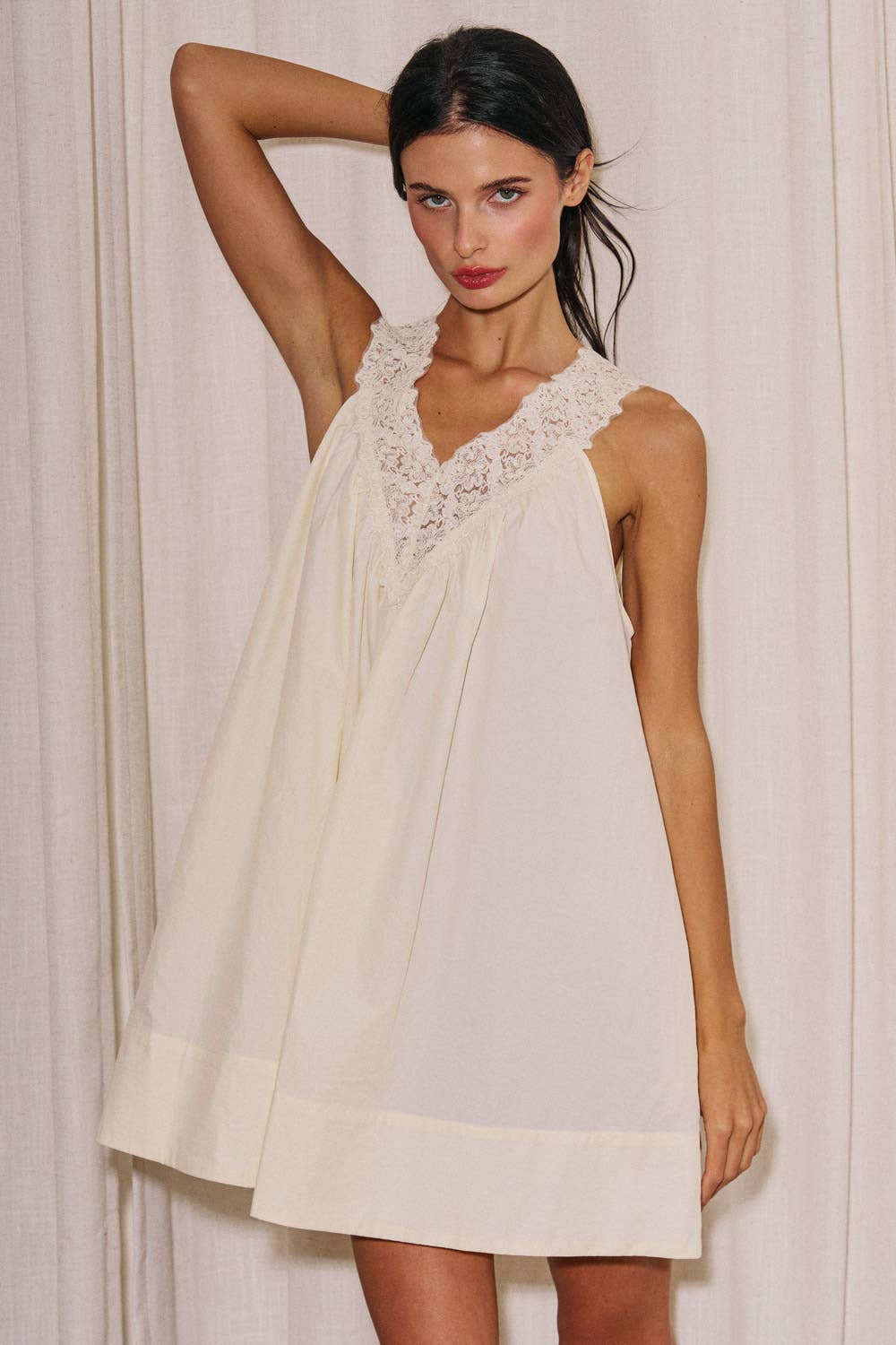 Ladies Woven Sleeveless Lace Neck Mini Dress