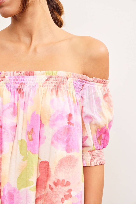 Abstract Bloom Off-Shoulder Smocked Floral Dress