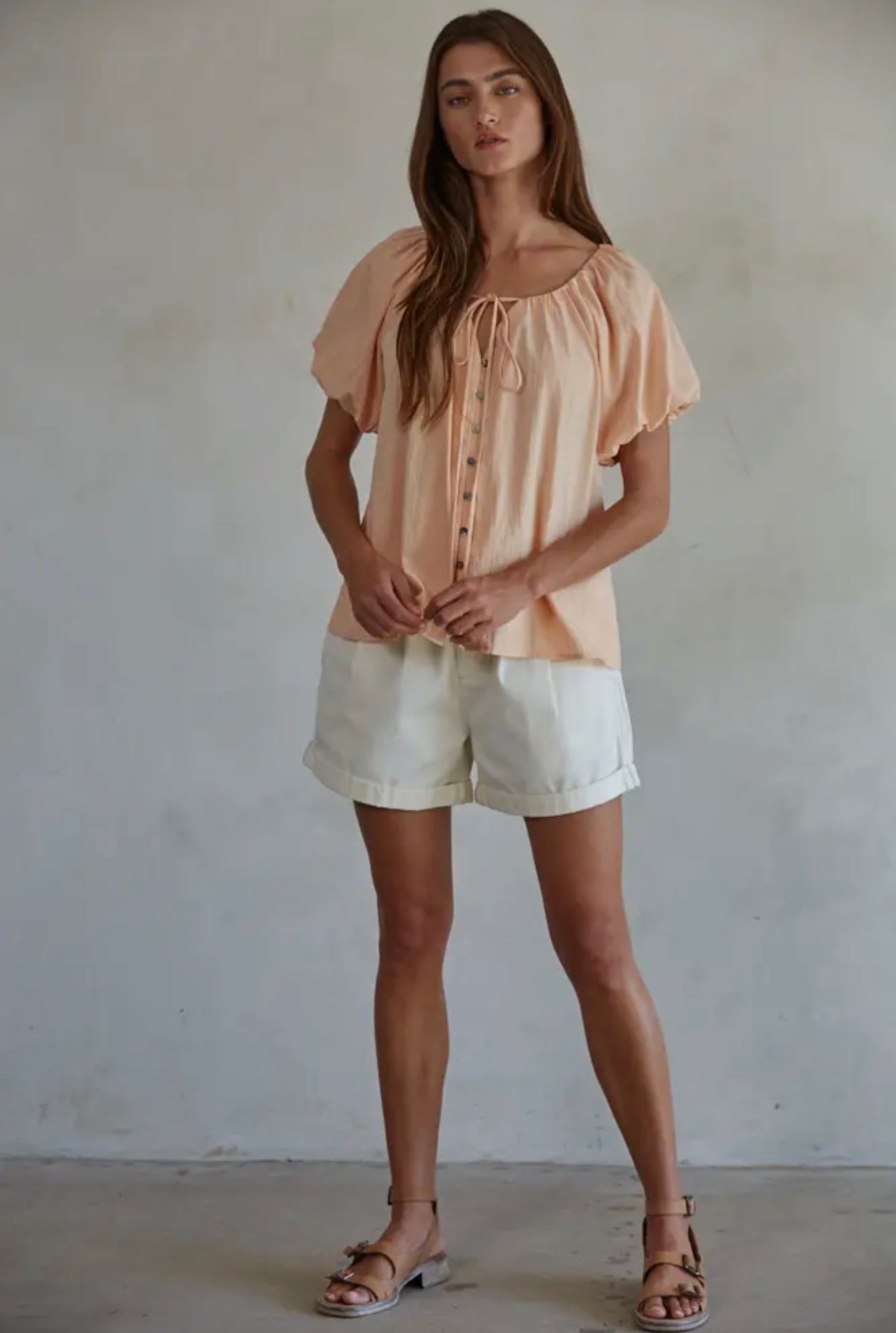 Peach Balloon Sleeve Button Top