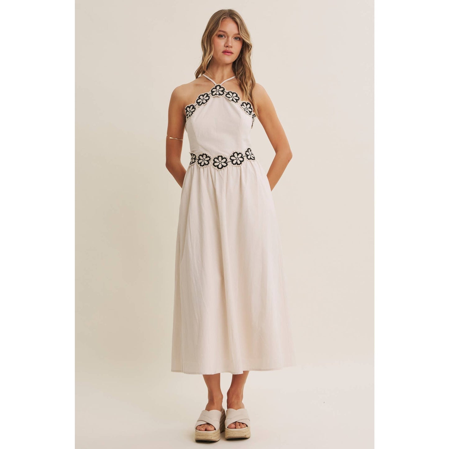 SUNSET TERRACE CROCHET LACE HALTER NECK SMOCKED MIDI DRESS