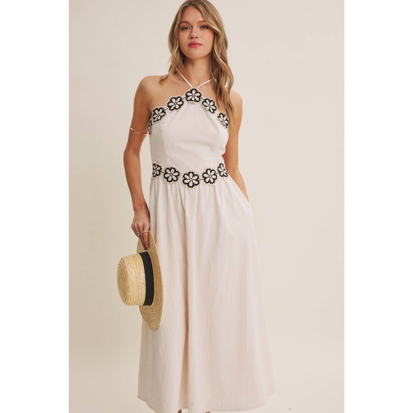 SUNSET TERRACE CROCHET LACE HALTER NECK SMOCKED MIDI DRESS