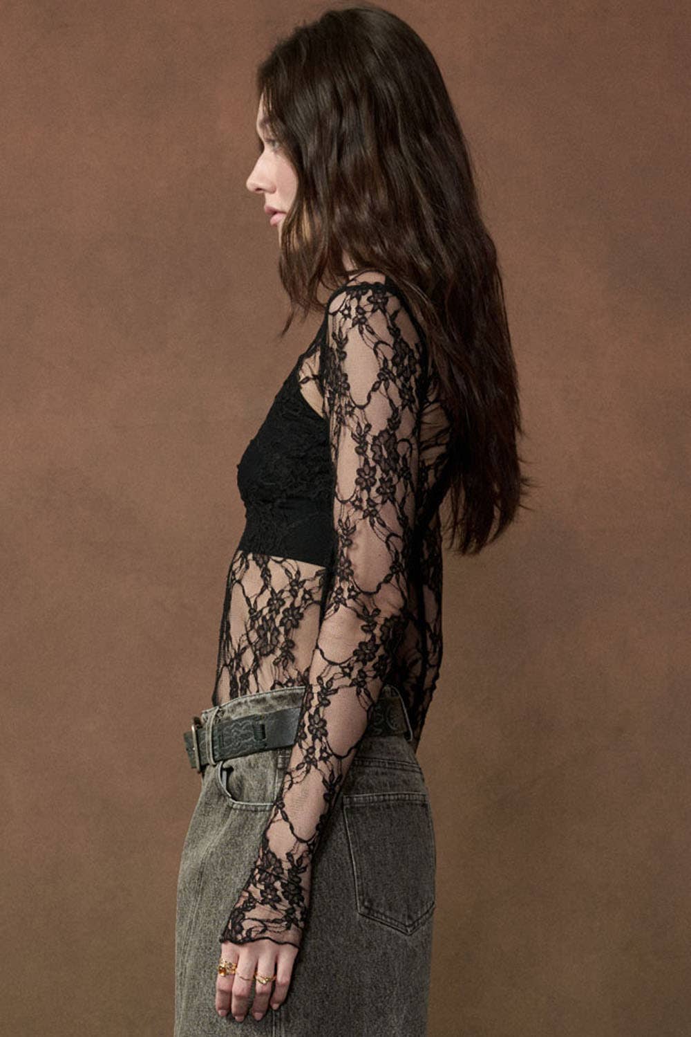 Sheer Floral Lace Mock-Neck Top