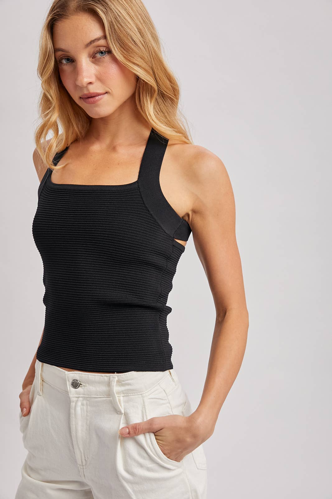 CROSS BACK WIDE STRAPS RIBBED KNIT TANK TOP