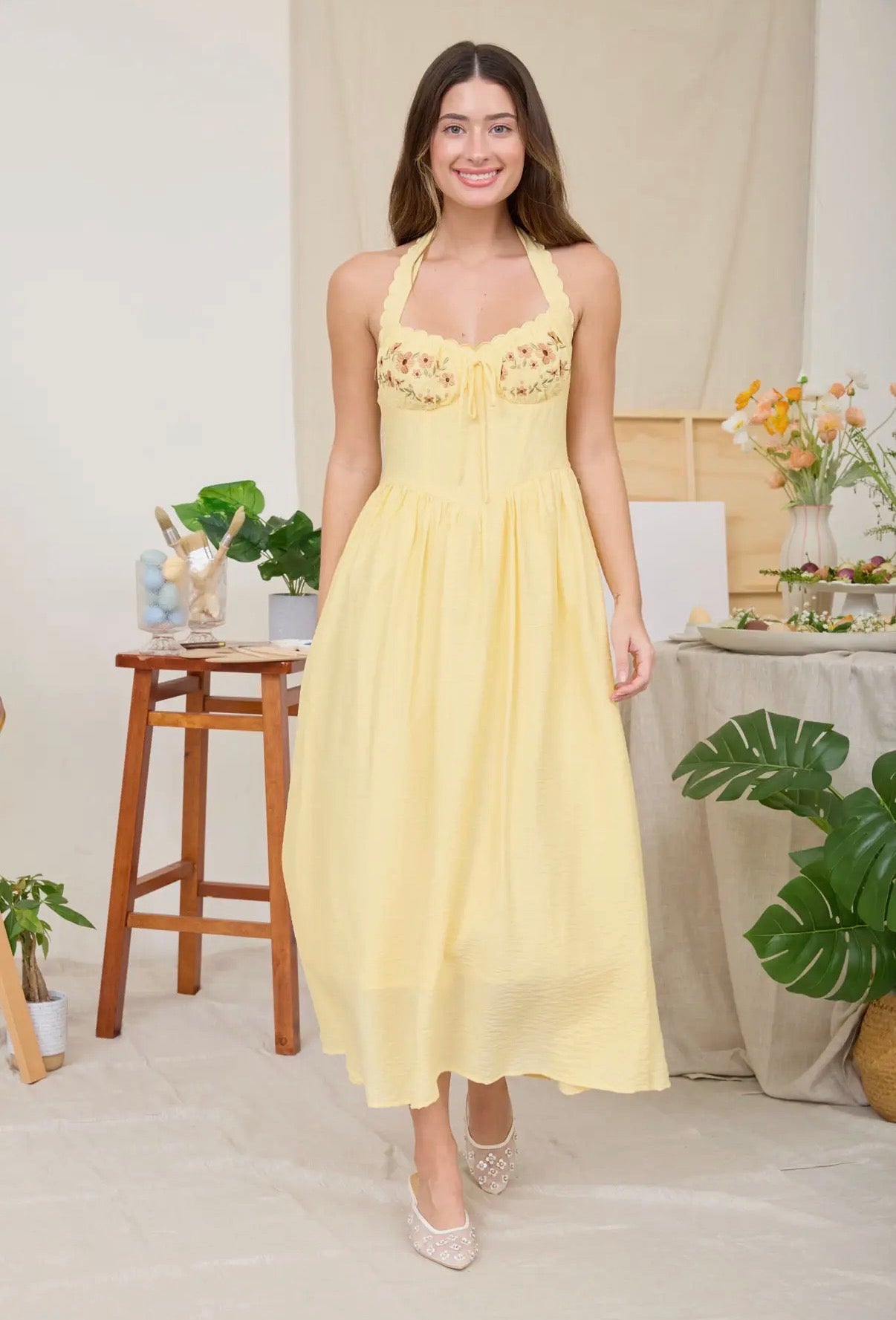 Halter Detail Embroidered Midi Dress