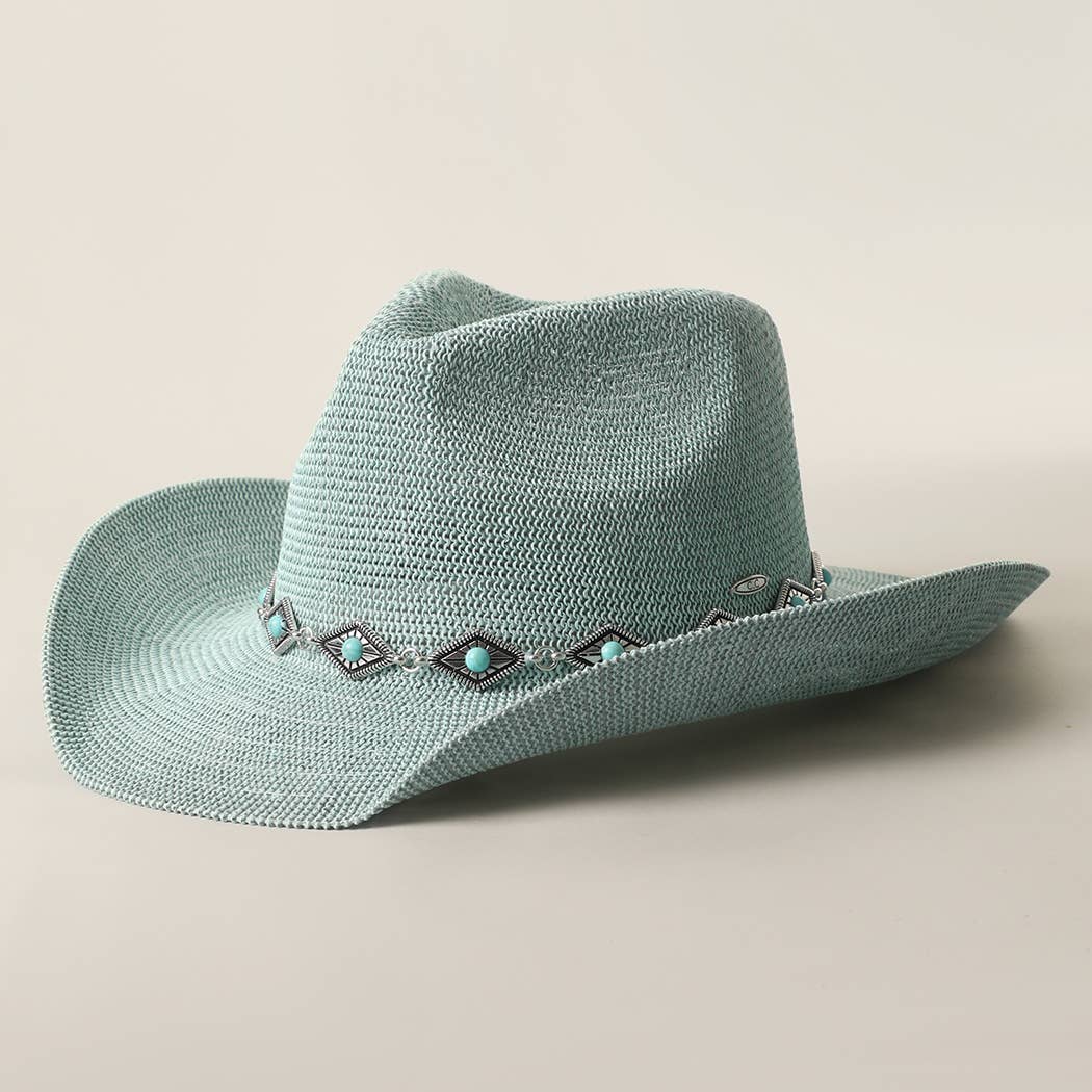Cowboy Straw Hat With Turquoise Metal Band