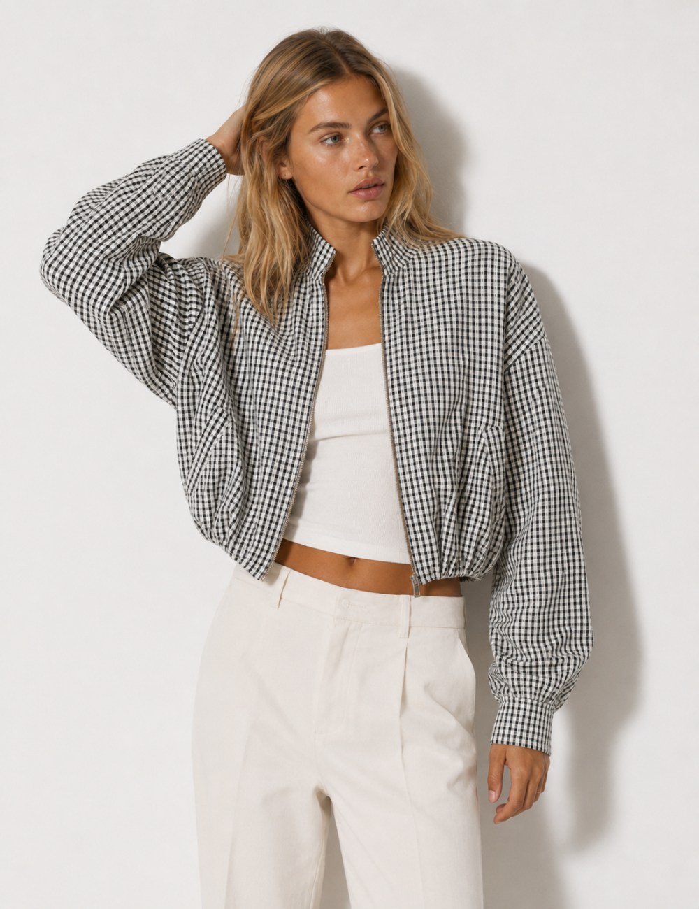 Plaid Stand Collar Crop Jacket