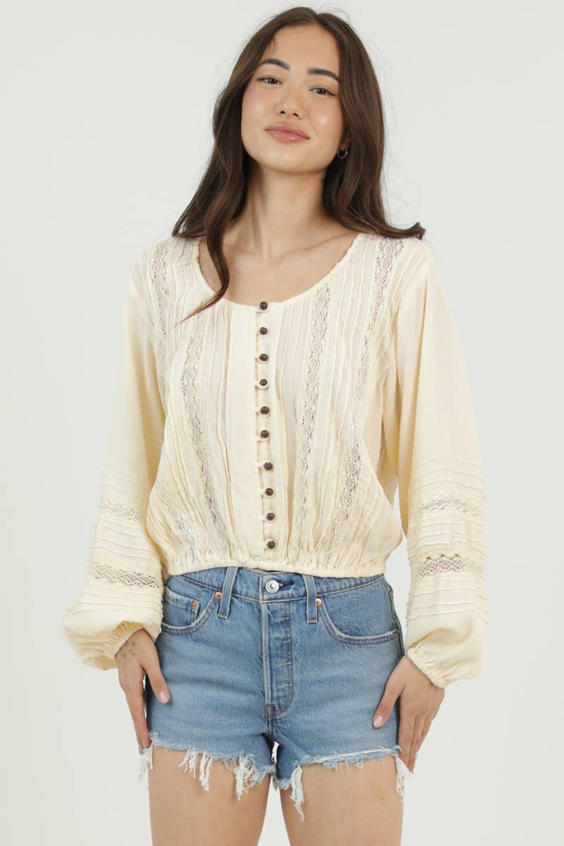 LACE TRIMS BUTTON FRONT LONG SLEEVE BLOUSE