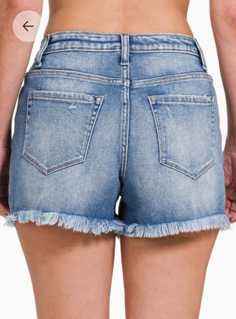 Medium Wash Raw Hem Denim Shorts