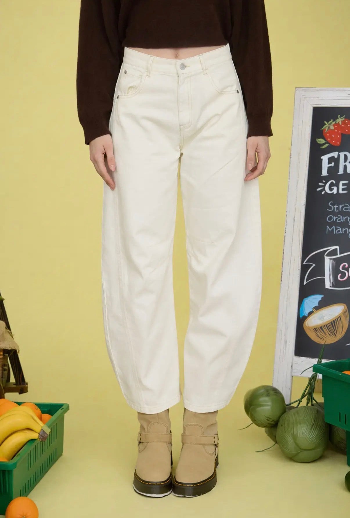 Cream Cropped Barrel Jeans