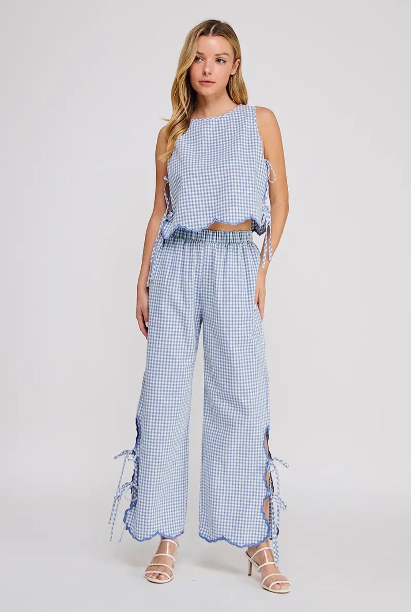 Woven Gingham Side Tie Pants