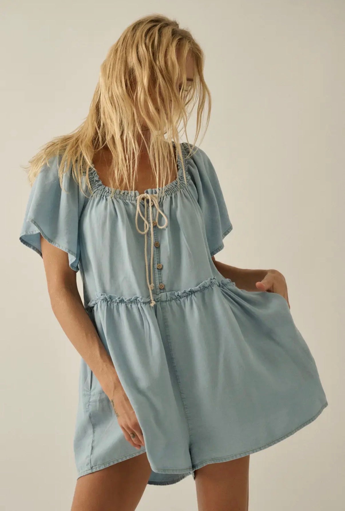 Denim Half Button Flowy Romper