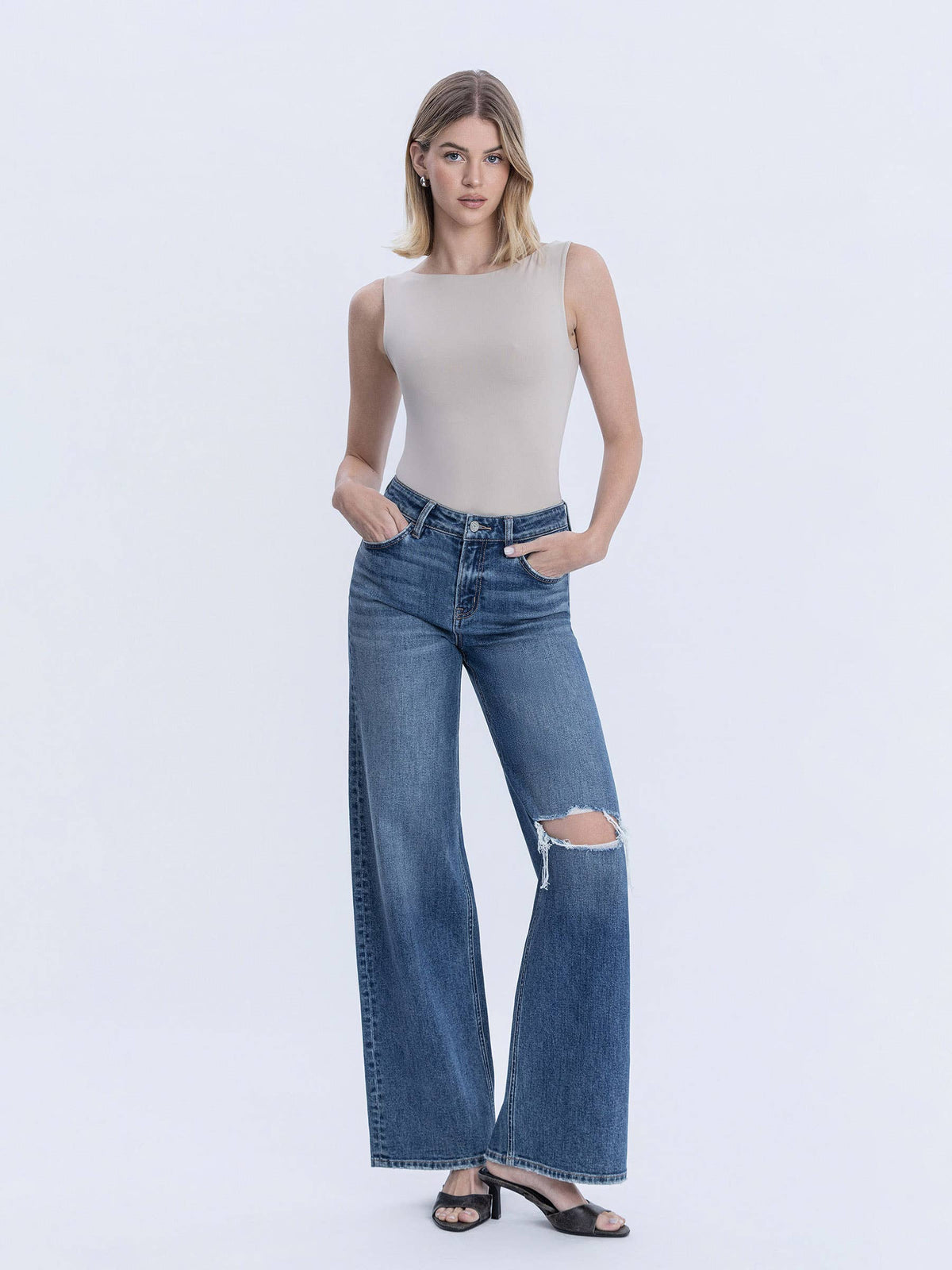 BROOKS HIGH RISE DISTRESSED KNEE WIDE LEG JEAN