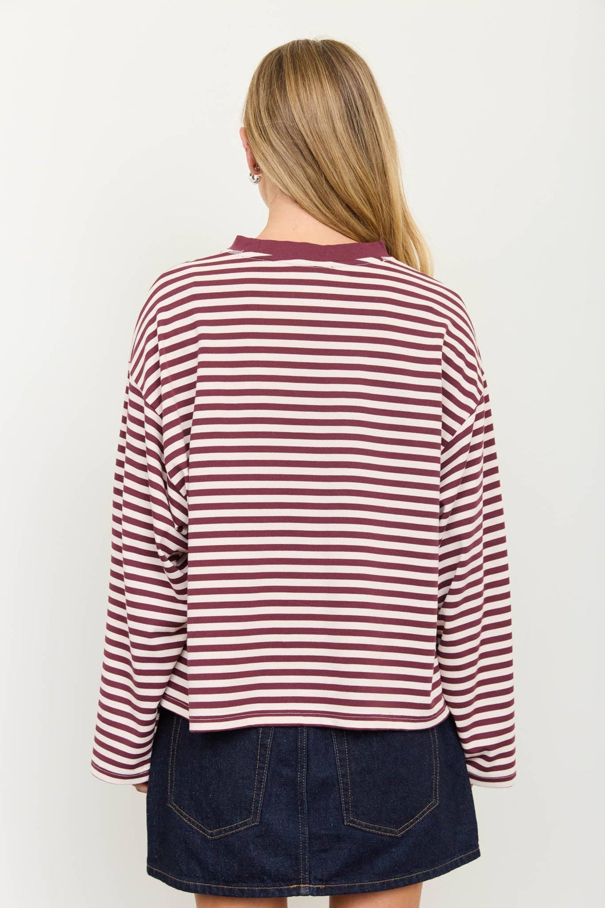STRIPED CONTRAST CREW NECK LONG SLEEVE KNIT TOP