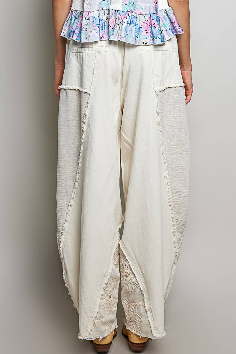 Lace Trim Outseam Detail Solid Wide Leg Twill Pants