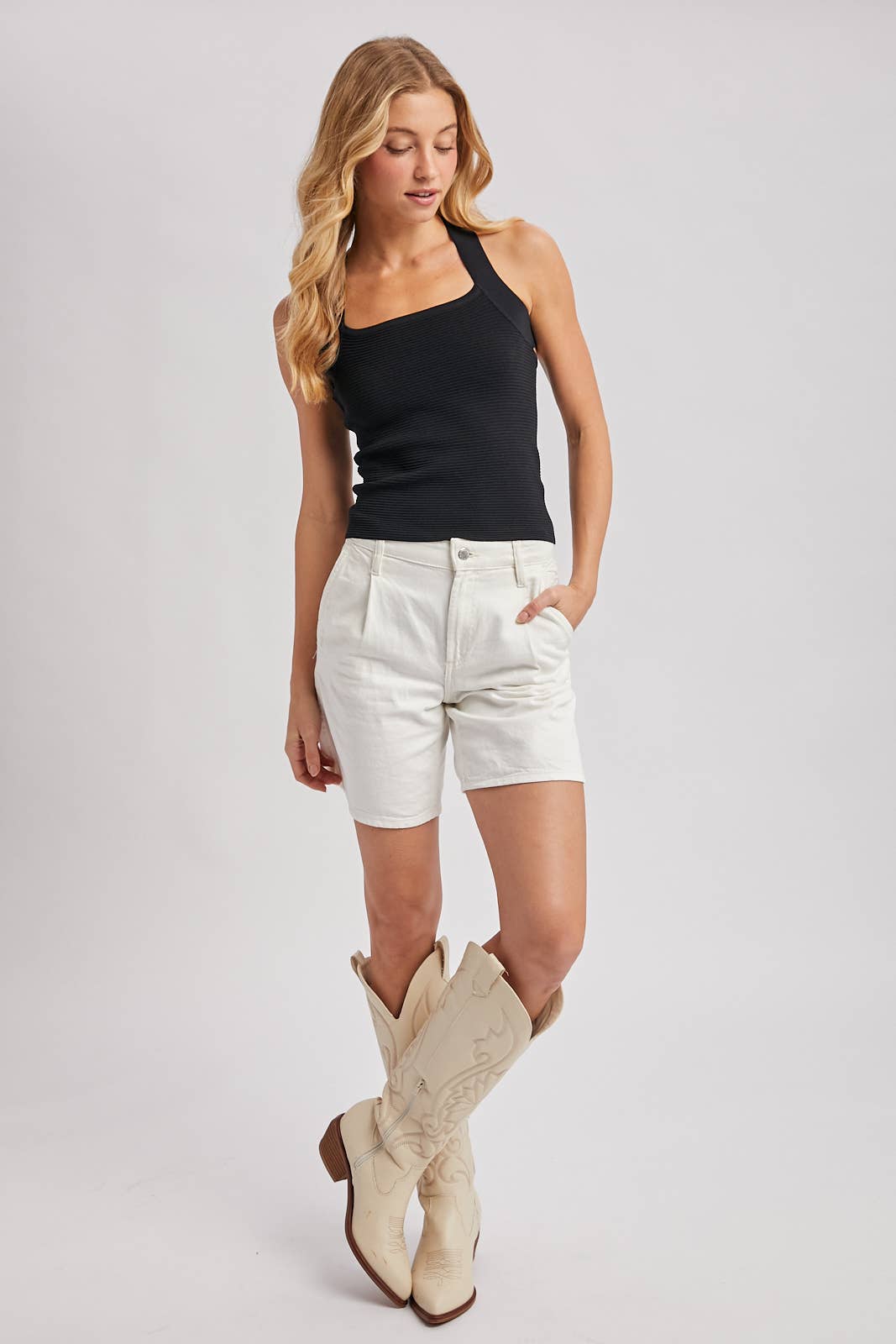 CROSS BACK WIDE STRAPS RIBBED KNIT TANK TOP