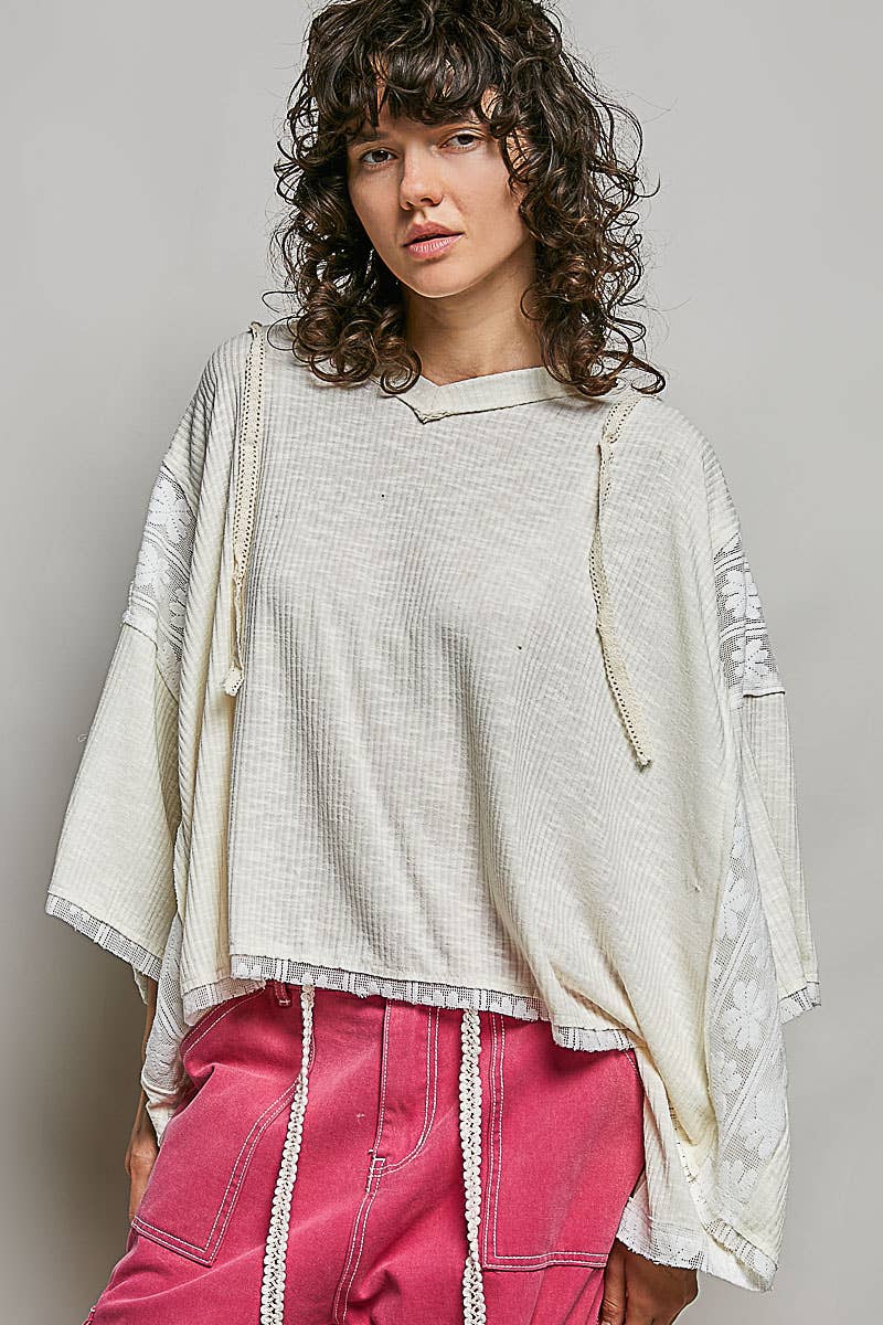 Lace Patch V-Neck Relaxed Fit Basic Airy Hoodie Top