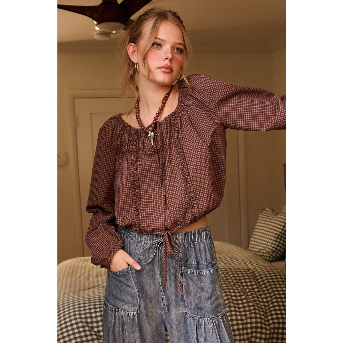 CHECKERED RUFFLE TRIM TIE FRONT TOP