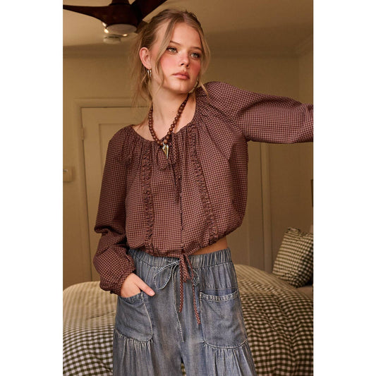 CHECKERED RUFFLE TRIM TIE FRONT TOP